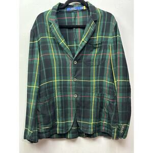 Polo Ralph Lauren Blazer Jacket SportCoat Mens Large Flannel Green‎ Tartan Plaid